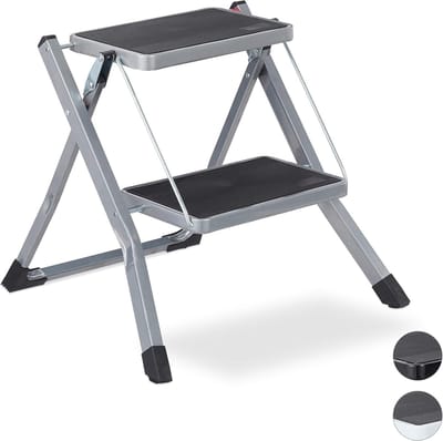 Famanu - Compacte huishoudtrap met 2 treden, antislip en opvouwbaar, ideaal voor keuken en garage, grijs