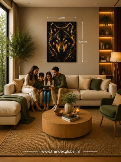 Canvas schilderij 100x75 cm - Gouden Wolf op zwarte achtergrond - Luxe Wanddecoratie - Zwart - Goud - Wilde Dieren