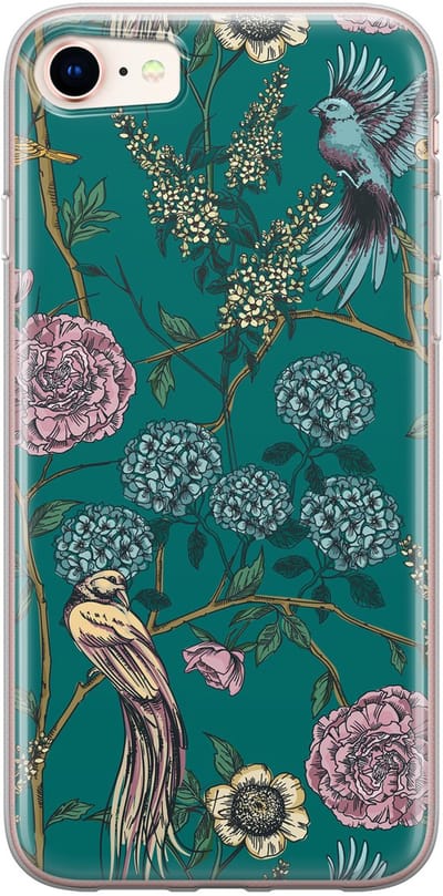 Hoesje geschikt voor iPhone 8 - Vogels Japanse bloemen - Soft Case - TPU - Bloemen - Blauw - Mooie Telefoonhoesjes