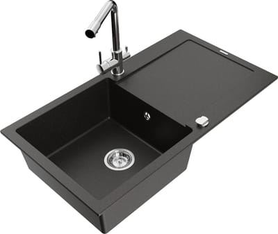 Mexen Leo granieten gootsteen met 1 bak, afdruiprek en Duero keukenmengkraan, zwart/goud metallic - 6501-75-671600-00