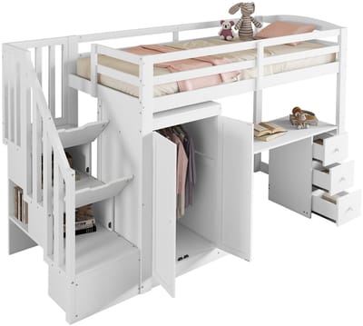 REDOM - Hoogslaper met Garderobekast – 90x200 cm – Met Bureau en Lades – Ultieme Ruimtebespaarder – Grenenhout – Wit