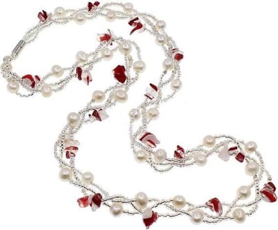Zoetwaterparel en edelstenen ketting Twine Pearl Red Agate - echte parels - agaat - wit - rood - magneetslotje - sieraden zakje - parelketting dames - edelstenen ketting dames
