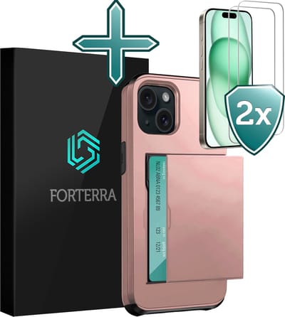 Hoesje Geschikt voor iPhone 15 Pashouder Hard Case Hoes Met 2x Screenprotector - Hoes Geschikt voor iPhone 15 Hoesje Back Cover Met Pasjeshouder - Rosé goud