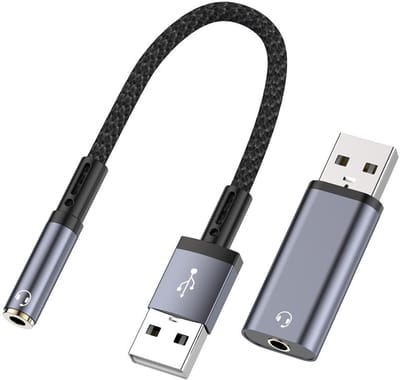 2X USB naar 3.5MM Jack AUX audio adapter - met en zonder kabel - compact - geschikt voor o.a. laptop, stereo en speaker - grijs