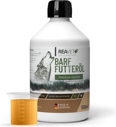ReaVET Premium BARF voederolie - Lijnolie, hennepolie, zwarte komijnolie, mariadistelolie en zalmolie - 500 ml