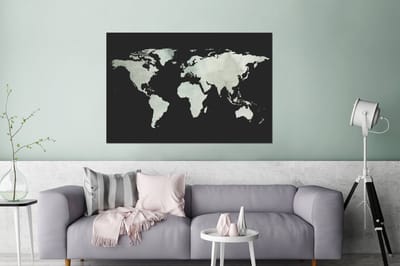 Aluminium schilderij 120x80 cm - Wanddecoratie metaal - Wereldkaart - Grijs - Zwart - Metalen muurdecoratie woonkamer - Decoratie industrieel - Foto op dibond - Industriële accessoires slaapkamer