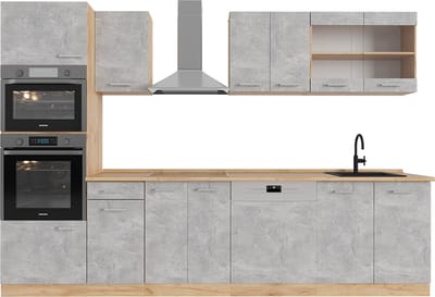 Vicco R-Line Complete keukeneenheid – 300 cm met hoge kast, zonder werkblad Beton/gouden eik