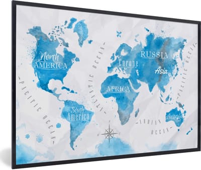 Poster in lijst - Fotolijst 90x60 cm - Posters - Wereldkaarten - Olieverf - Kleuren - Posterlijst zwart - Decoratie - Wanddecoratie woonkamer - Muurdecoratie slaapkamer