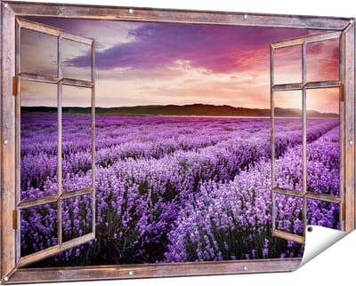 Gards Tuinposter Doorkijk Bloemenveld met Paarse Lavendel - Bloemen - 150x100 cm - Tuindoek - Tuindecoratie - Wanddecoratie buiten - Tuinschilderij