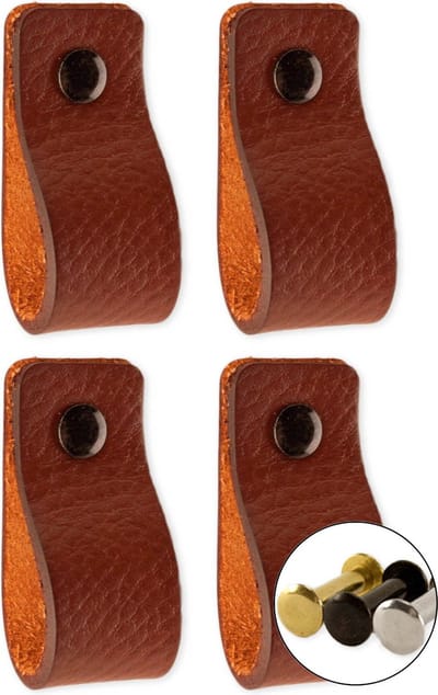 Leren handgrepen - Cognac - 4 stuks - 12,5 x 2,5 cm - incl. 3 kleuren schroeven - Handgrepen leer - Leren meubelgreep - Leren handvaten kast - Leren lus - Handgreep kast leer - Leren greepjes - Handvat leer - Leren deurgreep - Leren handgreep cognac