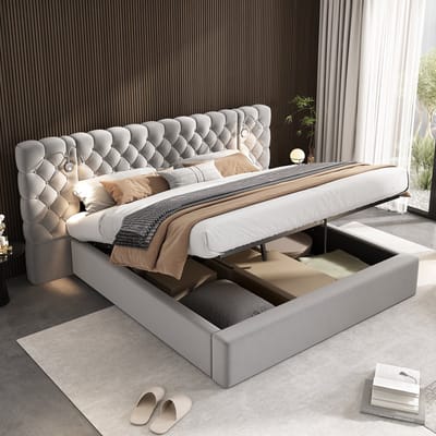 Sweiko Gestoffeerd bed - 180 x 200 cm - Hydraulische opbergruimte - LED-verlichting - Fluweel - Grijs