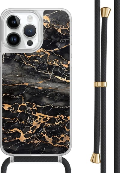 Casimoda® hoesje met zwart koord - Geschikt voor iPhone 13 Pro Max - Marmer Grijs Brons - Afneembaar koord - TPU/polycarbonaat - Grijs
