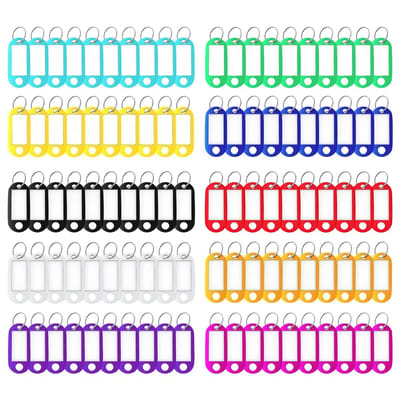 Set van 100 Sleutelhangers met Kleurenkaartjes – 10 Flexibele Kleuren, Metalen Ring, Labelbare Sleutelhangers voor Hotels, Kantoor, Thuis, School en Bagage