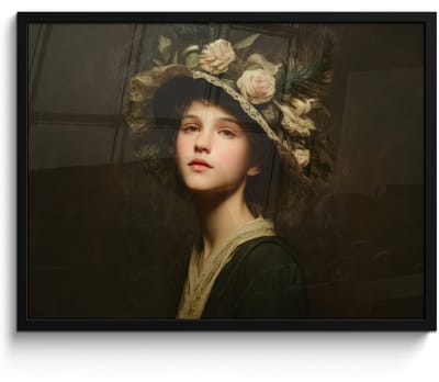 Poster in lijst - Fotolijst 80x60 cm - Posters - Bloemenhoed - Portret - Vrouw - Posterlijst zwart - Decoratie - Wanddecoratie woonkamer - Muurdecoratie slaapkamer