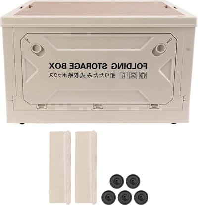 Camping Opbergdoos met Houten Deksel, 50 Liter, Vouwbare Organiser met 4 Wielen voor Auto, Kamperen en Picknick, Grijs-Wit