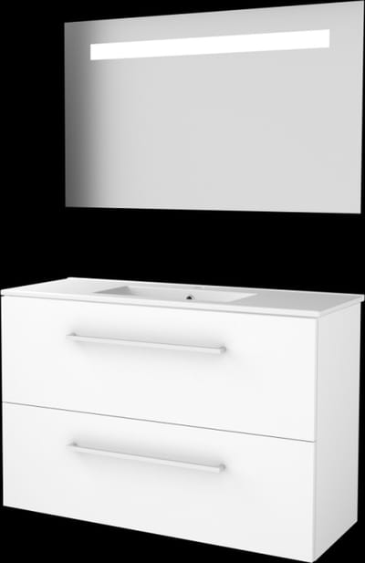 Basic-Line Economic 39 Badkamermeubelset - Ondiep - 100 x 39 cm - Met Grepen - 2 Lades - Keramische Wastafel - 1 Kraangat - Spiegel met LED Verlichting - Ice White