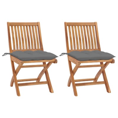 vidaXL - Inklapbare - stoelen - 2 - st - met - grijze - kussens - massief - teakhout