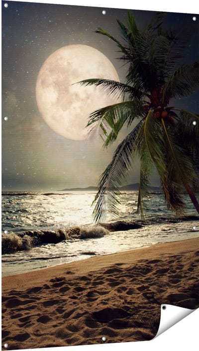 Gards Tuinposter Tropisch Strand in de Nacht met Volle Maan - 100x150 cm - Tuindoek - Tuindecoratie - Wanddecoratie buiten - Tuinschilderij