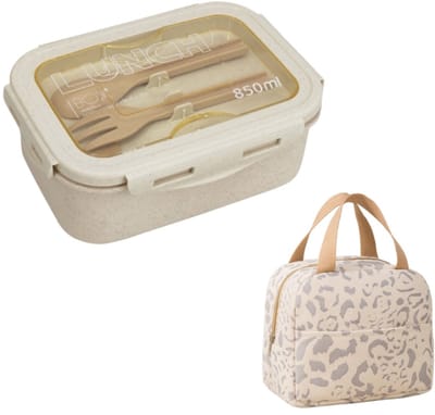 lunchbox volwassenen-lunchbox kinderen-Lunchbox- Met geïsoleerde tas-servies- 850 ml - Serviesset - Draagbaar - Lekvrij - Snackbox - Lunchbox met compartimenten - Geschikt voor kantoor, picknick en reizen (beige)