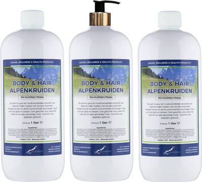 Body & Hair Alpenkruiden 1 liter met gouden pomp - set van 3 stuks - 2 in 1 voor lichaam en haar - voordeelverpakking