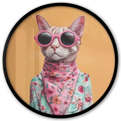 Poster in lijst Rond - Fotolijst 40x40 cm - Posters - Zonnebril - Kat - Sjaal - Bloemen - Ronde posterlijst zwart - Decoratie - Wanddecoratie woonkamer - Muurdecoratie slaapkamer