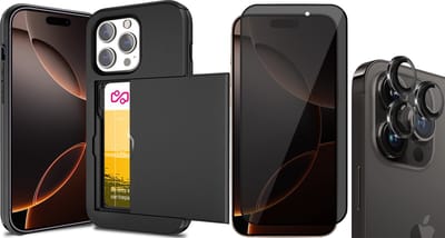 Hoesje met Pasjeshouder geschikt voor iPhone 16 Pro - Privacy Screenprotector FullGuard & Camera Lens Screen Protector Zwart - Back Cover SlideCase Zwart