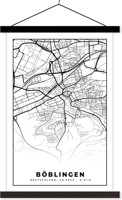 Posterhanger incl. Poster 40x60 cm - Schoolplaat - Stadskaart - Böblingen - Kaart - Plattegrond - Textielposter - Zwarte latten - Stadskaart