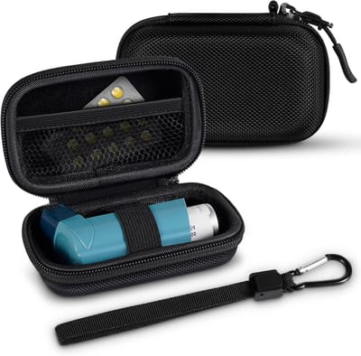 Draagbare Astma Inhalator Tas, Schokbestendige Medicijn Reisopbergtas met Carabiner en Draagriem, Geschikt voor L-Vormige Inhalatoren, Zwart, Handig en Duurzaam