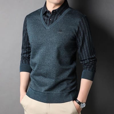 Lente en Herfst Nieuw Shirt Kraag Nep Tweedelig Heren T-shirt Jong en Middelbaar Mode Koreaanse Stijl Gestreept Basis Top Heren 3XL