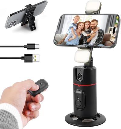 360° Draaibare Smartphone Houder voor Selfies met Gezichtsherkenning, Gesture Control en Afstandsbediening voor Opnames met Verlichting