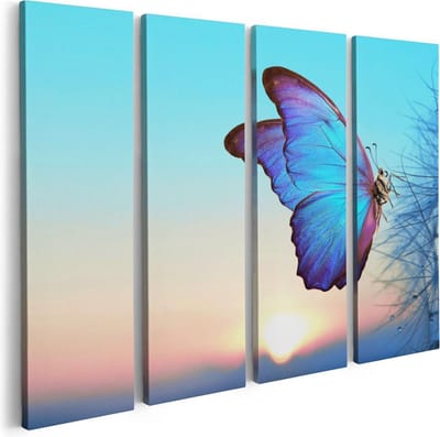 Artaza Canvas Schilderij Vierluik Blauwe Vlinder Bij Paardenbloemen  - 80x60 - Foto Op Canvas - Canvas Print