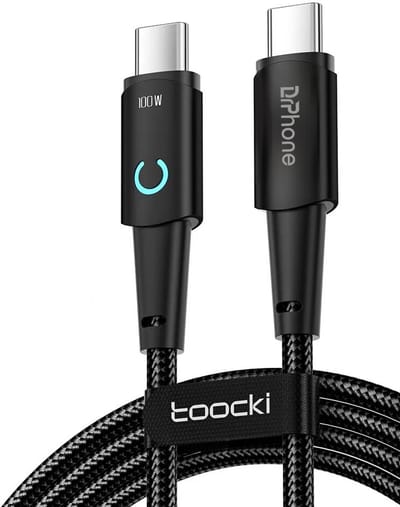 DrPhone Toocki PowerLine 100W 5A - 0.25M - E-Marker - USB-C naar USB-C Snel Oplaadkabel LED-Indicator Voor o.a iPhone 16-17 Series / Switch / Macbook
