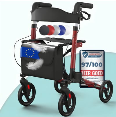 JCP® Rollator - 8 Verstelbare Hoogtes - Rollator Lichtgewicht en Opvouwbaar - Rollators Binnen en Buiten - Zwart/Rood - 65cm x 66cm x 97cm