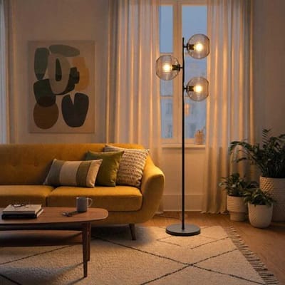 Lusenz - Ciotola - Zwarte Staande lamp Metaal 150 cm - Rookglas - 3 bollen - Klassiek Vintage Design - Woonkamer lamp - E27 fitting - Met voetschakelaar