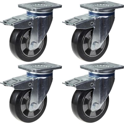 152 mm (6 inch) zwenkwiel met zwart rubber en rem, draagvermogen 1320 kg, set van 4