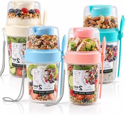 Praktische Yogurt Container van 860 ml met Lepel en Deksel, Herbruikbare Pot voor Yoghurt, Havermout en Cereal voor Kantoor, School en Reizen