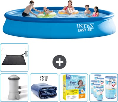 Intex Rond Opblaasbaar Easy Set Zwembad - 457 x 84 cm - Blauw - Inclusief Pomp Solarzeil - Onderhoudspakket - Filters - Solar Mat