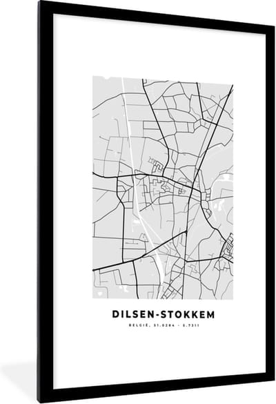 Fotolijst incl. Poster Zwart Wit- Zwart Wit – België – Plattegrond – Stadskaart – Kaart – Dilsen Stokkem - 60x90 cm - Posterlijst