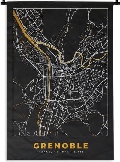 Wandkleed - Wanddoek - Kaart – Stadskaart – Frankrijk – Grenoble - Plattegrond - 120x180 cm - Wandtapijt