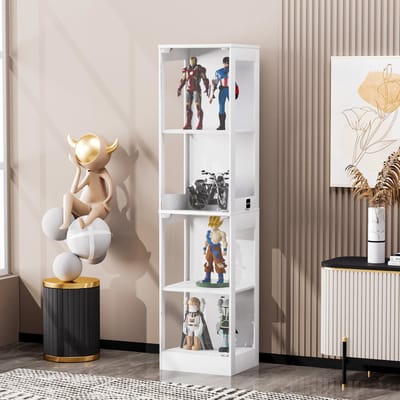 OKWISH Vitrinekast – Met Glazen Deuren En Ledverlichting – Voor Woonkamer En Slaapkamer – MDF Wit – 40x35x165 cm