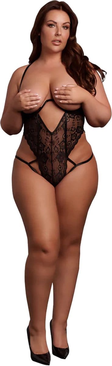 Lace Underwired Open Cup Bodysuit with Adjustable Sliders - Plus Size - Black