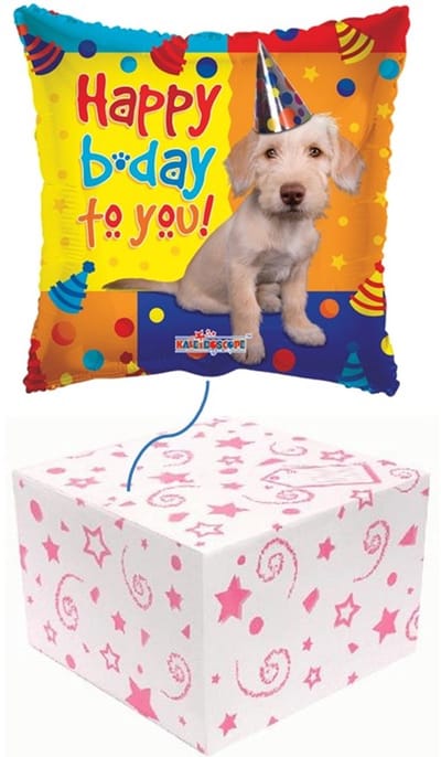 Folie ballon Happy Birthday hond helium gevuld in mooie doos.