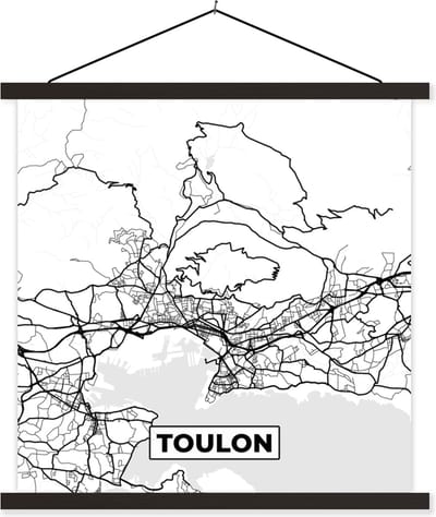Posterhanger incl. Poster 60x60 cm - Schoolplaat - Toulon - Stadskaart - Frankrijk - Kaart - Plattegrond - Zwart wit - Textielposter - Zwarte latten - Stadskaart