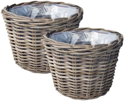 Van Der Leeden Planten of bloemen mand - 2x - rond - rotan - gevlochten riet - D25 x H22 cm - plantenmand - bloempot - bloemenmand