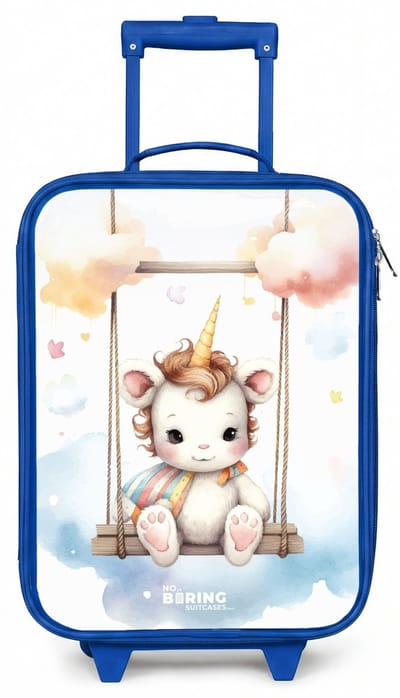 NoBoringSuitcases.com® - Kinderkoffer blauw - Kindertrolley jongen - Schommelende baby eenhoorn - Koffer kind lichtgewicht - Reiskoffer trolley voor kinderen - Koffertje met lichtgevende wieltjes - Rolkoffer
