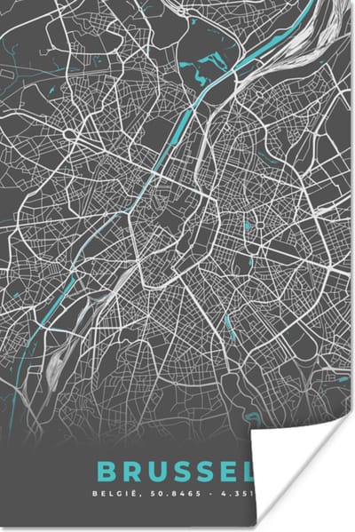 Poster België – Brussel – Stadskaart – Kaart – Blauw – Plattegrond - 120x180 cm XXL