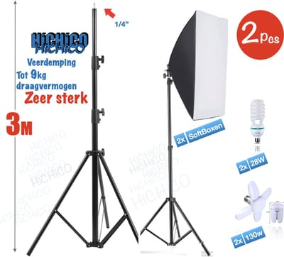 HiCHiCO® Softbox Studiolampen set 95~3M – Studioflitser continu fotostudio-apparatuur - Softboxen Fotografie Foto Studio Verlichting Kit – Fotolamp - Fotografie - Softbox - 1Paar