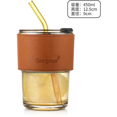 Verres à Boire avec Couvercles Ensemble de Verres avec Pailles en Verre 13oz Verres en Forme de Canette Verres à Bière Gobelet pour Café Glacé 450ML brown