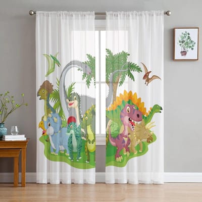 Cartoon Dinosaur Tule Gordijnen voor Woonkamer Slaapkamer Modern Voile Gordijn Keuken Chiffon Transparante Gordijnen 135W x 114H(cm) white