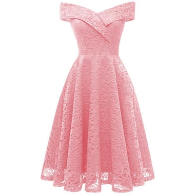 Nouvelle Robe Femme Broderie Dentelle Vintage Épaules Dénudées Manches Courtes Décontractée Soirée Élégante XL rose